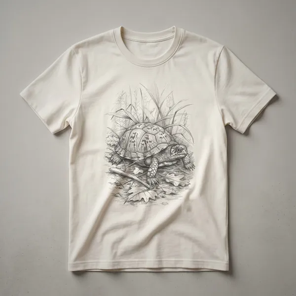 A vintage hand-drawn illustration of a box turtle on a black t-shirt, showcasing its detailed shell and features.
