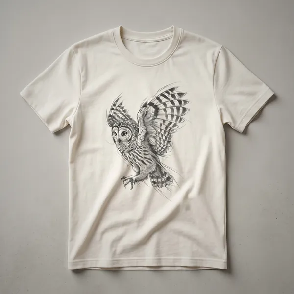 A vintage hand-drawn illustration of a barred owl flying with its wings spread, printed on a white t-shirt.
