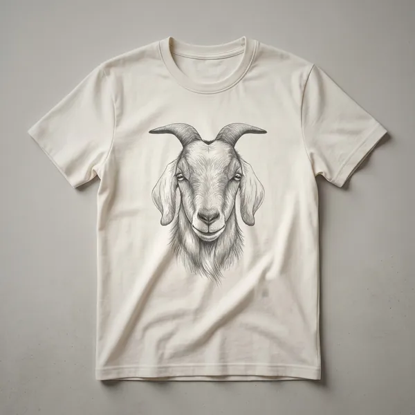 A black t-shirt with a vintage hand-drawn illustration of a Boer goat's face in the center, featuring detailed linework and a classic aesthetic.