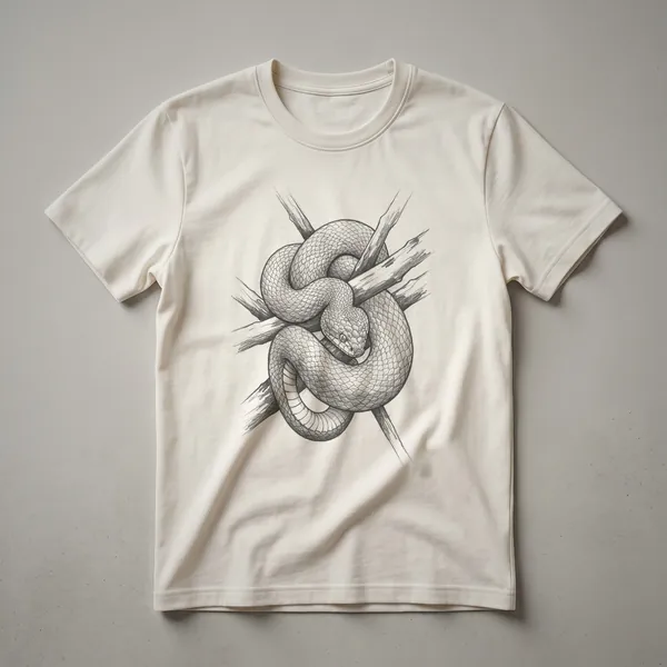 A vintage hand-drawn illustration of a green Boomslang snake on a white t-shirt, showcasing its profile and scales.