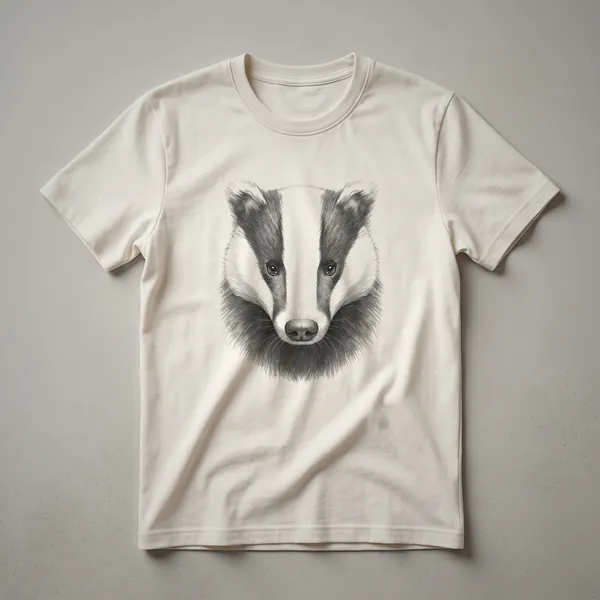 A white t-shirt featuring a vintage, hand-drawn illustration of a badger's head in black and white, with detailed fur and facial features.