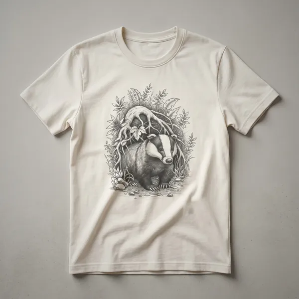 A vintage-style drawing of a badger in a natural setting, printed on a white t-shirt.