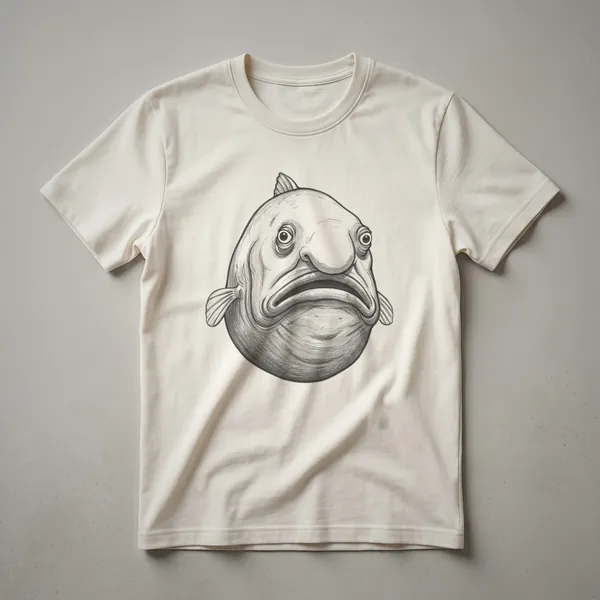 A vintage-style hand-drawn illustration of a blobfish's face is printed on a black t-shirt.