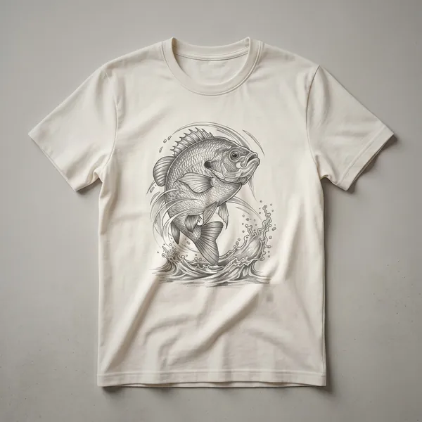 A vintage hand-drawn illustration of a bluegill fish is printed on the front of a light-colored t-shirt.