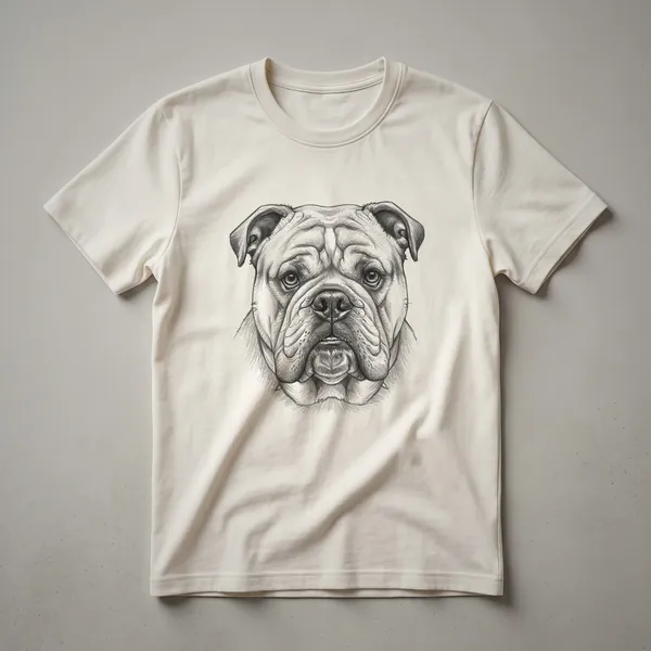 A black graphic t-shirt featuring a vintage hand-drawn illustration of a bulldog's face with detailed shading and lines.