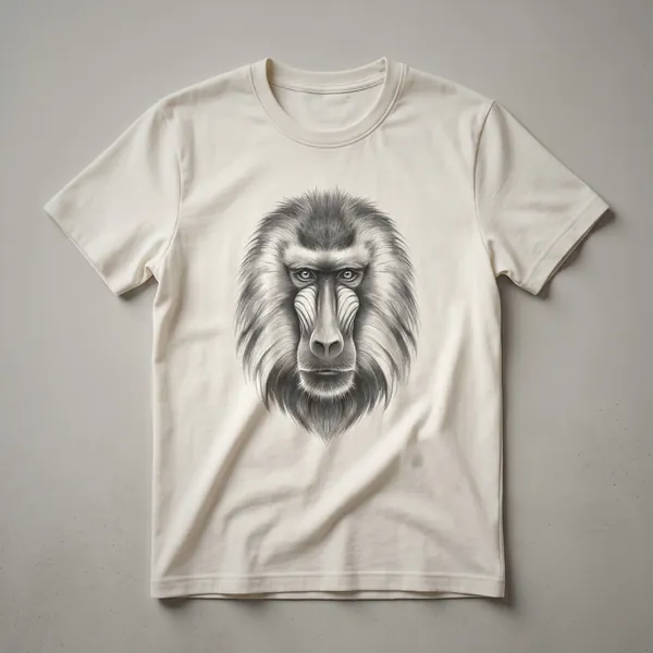 A white t-shirt with a vintage hand-drawn illustration of a baboon's face in black and grey tones, centered on the chest.