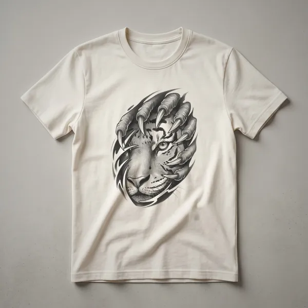 A vintage hand-drawn graphic t-shirt featuring the face of a Bengal tiger, with a close-up on its intense eye and visible claws.