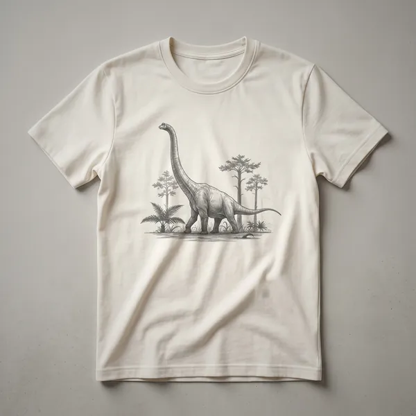 A vintage hand-drawn illustration of a Brachiosaurus dinosaur is featured on this graphic t-shirt, presented in a classic art style.