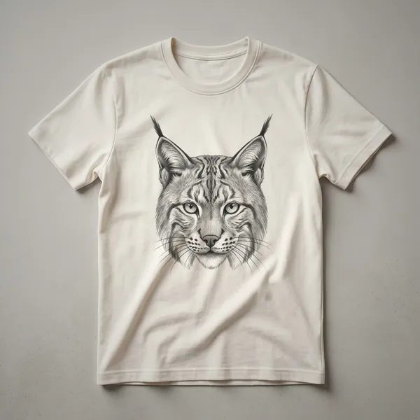 A vintage hand-drawn art design featuring the face of a bobcat, printed on a black t-shirt.