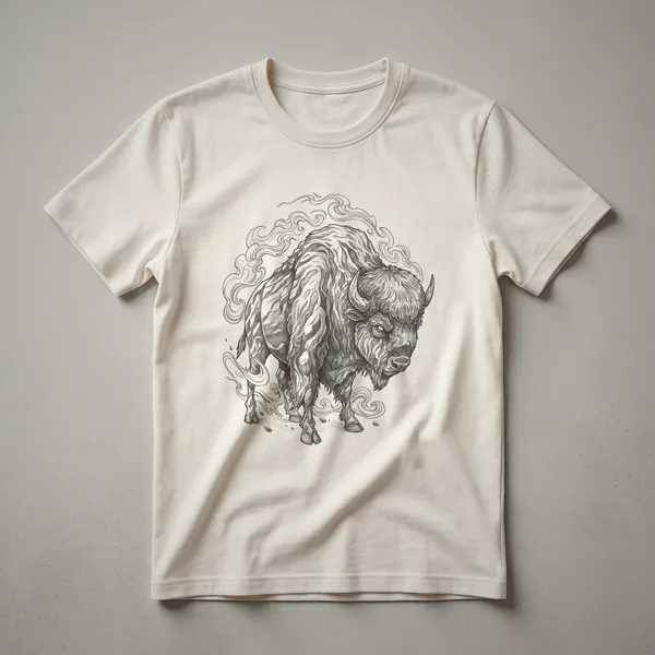 Black and white sketch of a bison's head and shoulders, rendered in a vintage art style, on the front of a t-shirt.