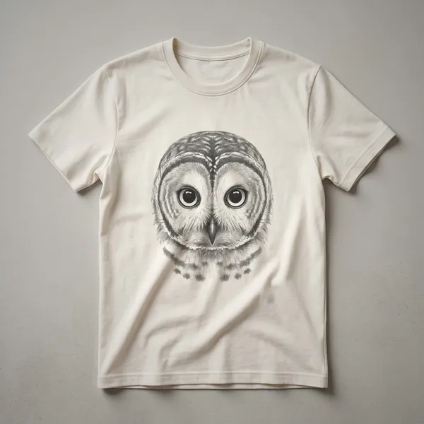 A vintage-style graphic t-shirt featuring a detailed hand-drawn illustration of a barred owl's face with dark eyes and a facial disc.