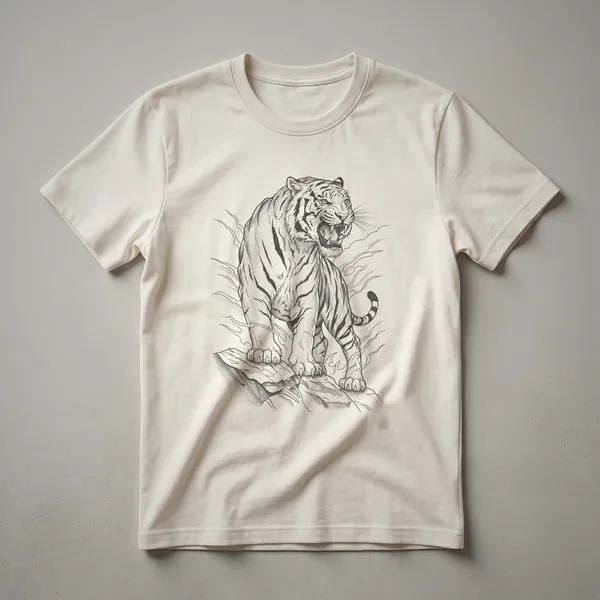 A vintage hand-drawn illustration of a Bengal tiger's head in profile, printed on a white t-shirt.
