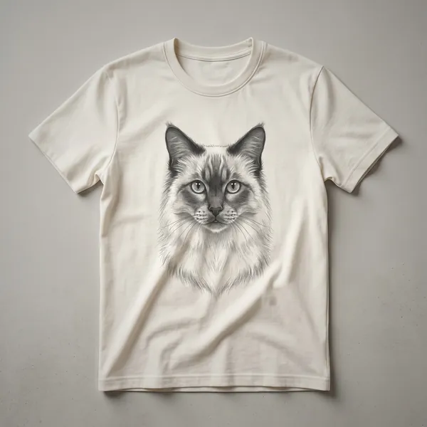 A vintage-style hand-drawn illustration of a Balinese cat's face is printed on the front of a white t-shirt.