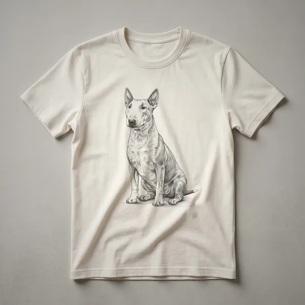 A vintage hand-drawn illustration of a Bull Terrier dog sitting, displayed on a black t-shirt.