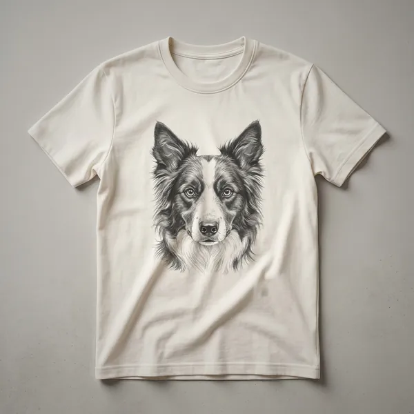 A vintage-style graphic t-shirt featuring a hand-drawn illustration of a Border Collie dog's face in black and white.