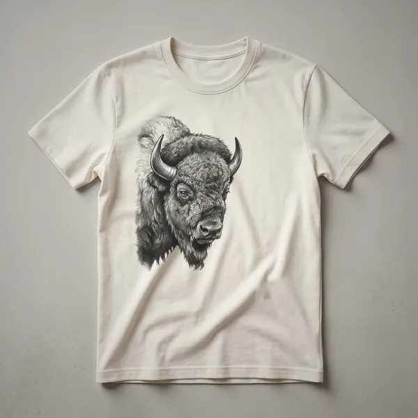A vintage hand-drawn art graphic of a bison's face on a black t-shirt, showcasing its textured fur and horns.