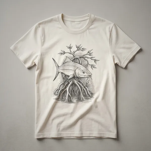 White t-shirt with a vintage hand-drawn illustration of a bonefish in profile, depicted in black and white.