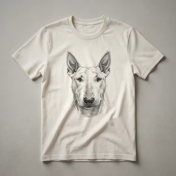 A vintage hand-drawn art design featuring the face of a Bull Terrier dog, printed on a t-shirt.