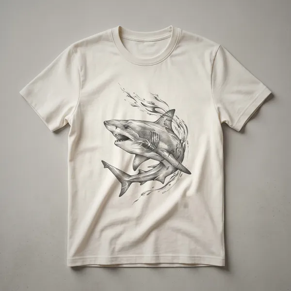A black t-shirt featuring a vintage hand-drawn illustration of a basking shark in white ink.