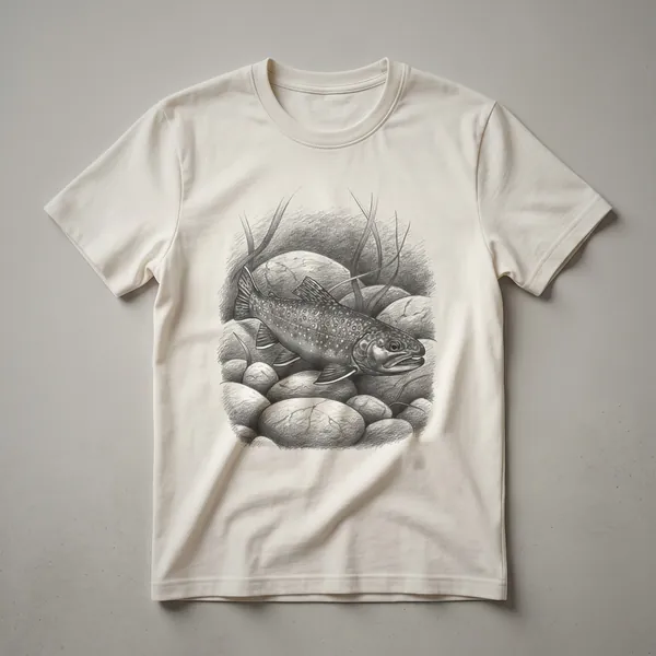 A vintage hand-drawn illustration of a brook trout fish is printed on a white t-shirt.