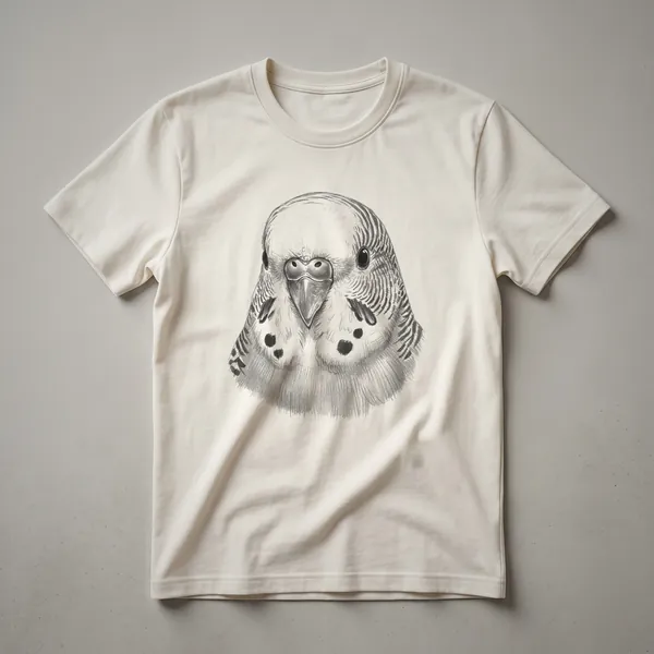 A vintage hand-drawn illustration of a budgerigar bird's face is printed on the front of a white t-shirt.