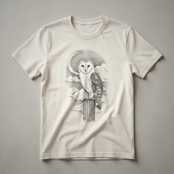 A white graphic t-shirt featuring a hand-drawn illustration of a barn owl perched on a branch against a crescent moon.