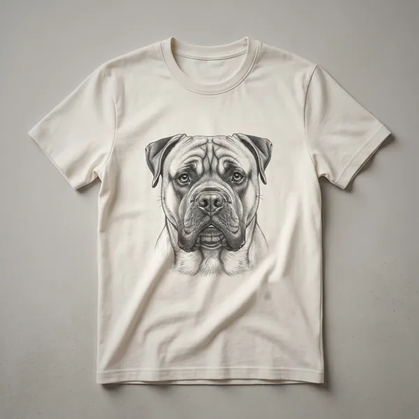A vintage hand-drawn art design of a Bullmastiff dog's face is printed on a white t-shirt.