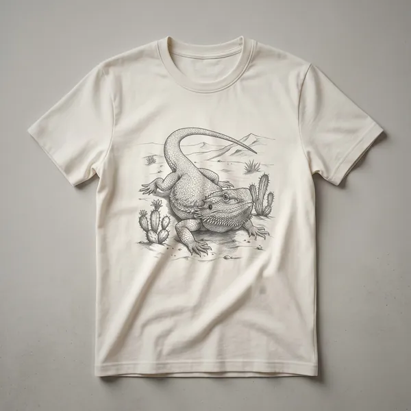 A white t-shirt featuring a vintage hand-drawn illustration of a bearded dragon in a desert scene with cacti and mountains.