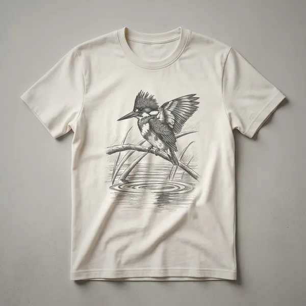 White t-shirt featuring a vintage hand-drawn illustration of a belted kingfisher perched on a branch, with detailed linework and a classic aesthetic.