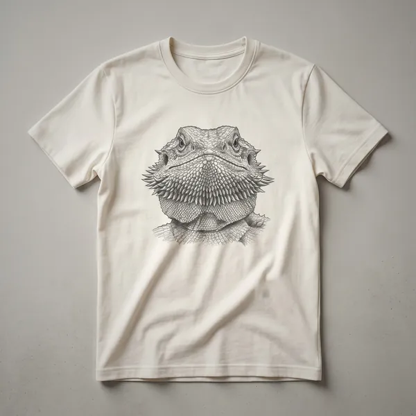 A vintage-style graphic t-shirt featuring a hand-drawn illustration of a bearded dragon's face in black and white.
