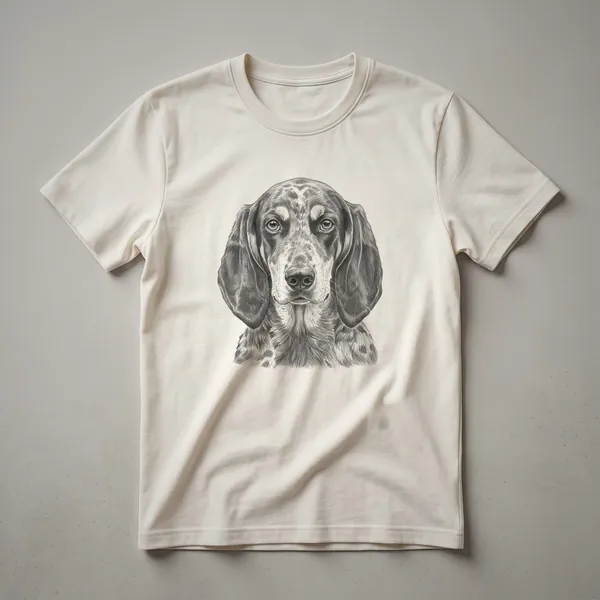 A black t-shirt featuring a vintage hand-drawn illustration of a Bluetick Coonhound's face, with detailed linework and a soulful expression.