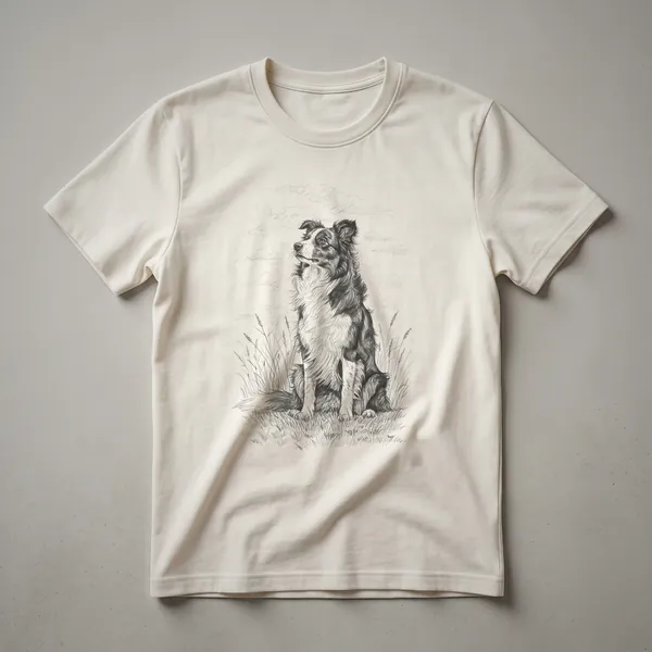 A vintage hand-drawn graphic t-shirt featuring a Border Collie dog sitting, presented in a classic art style.