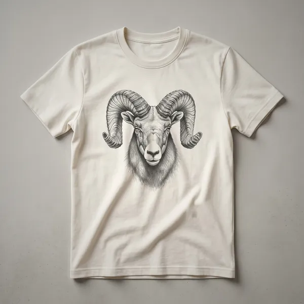 A vintage-style hand-drawn illustration of a bighorn sheep's face is printed on the front of a dark-colored t-shirt.