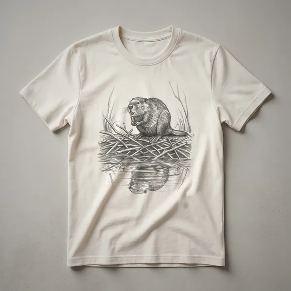 A vintage-style hand-drawn illustration of a beaver in its natural habitat, printed on a dark heather grey t-shirt.
