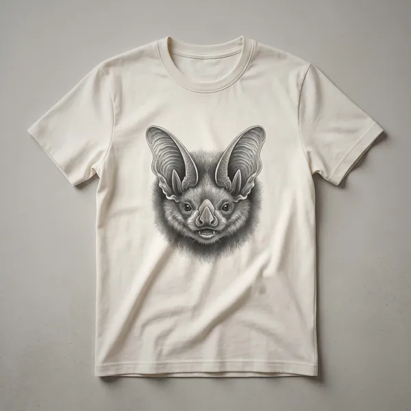 A black t-shirt featuring a vintage, hand-drawn illustration of a bat's face in shades of grey and white.