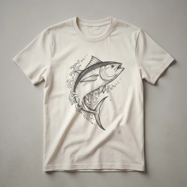 A vintage hand-drawn illustration of a Bluefin tuna on a white t-shirt, showcasing its sleek body and fins in profile.