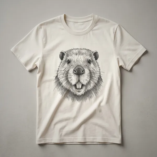 A white t-shirt with a black and white hand-drawn illustration of a beaver's face in a vintage style, centered on the chest.