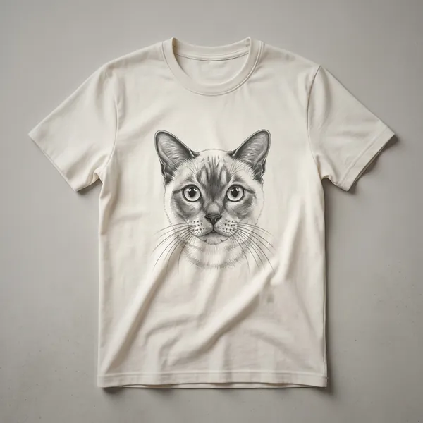 A vintage hand-drawn art design of a Burmese cat's face is printed on a white t-shirt.