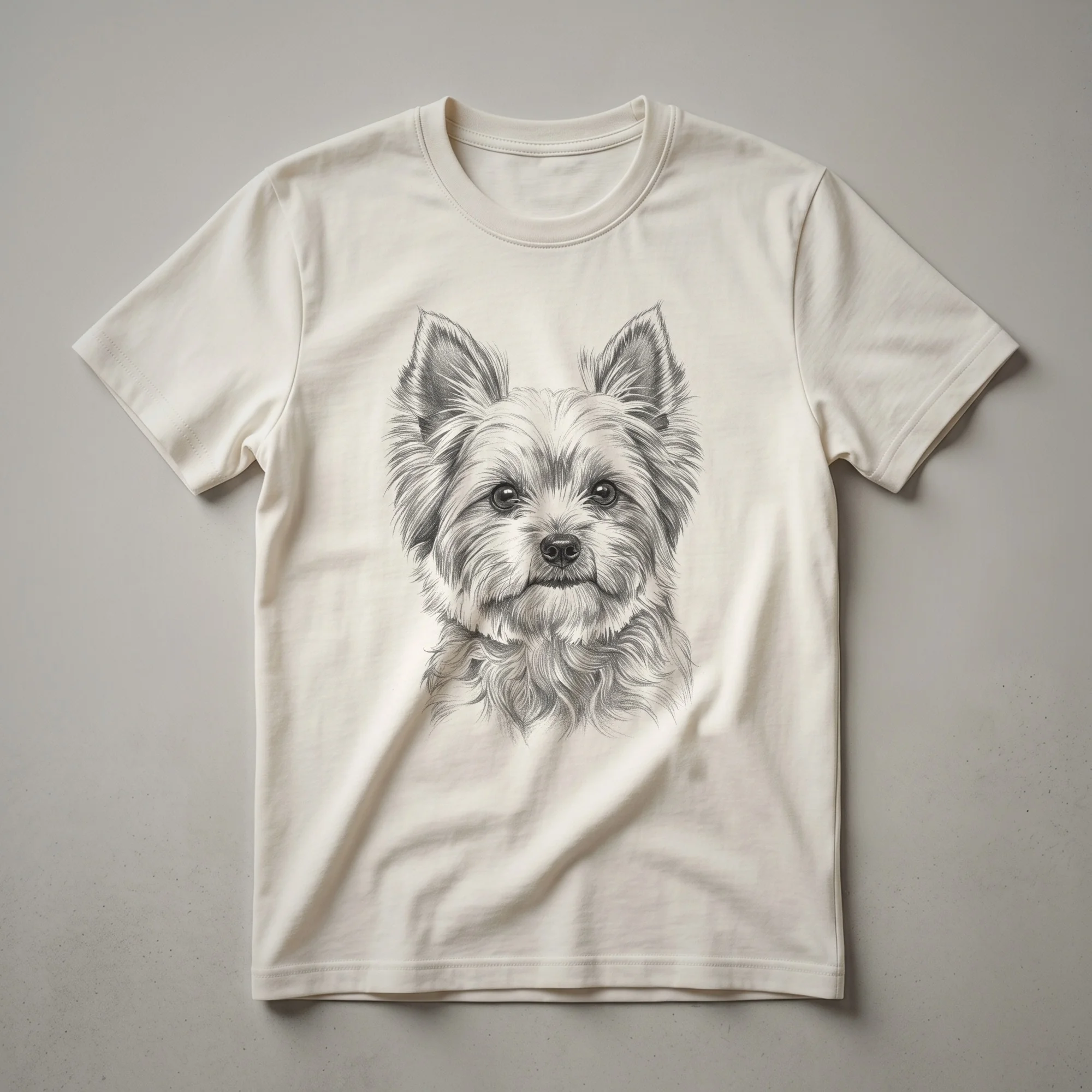 A white t-shirt featuring a vintage hand-drawn illustration of a Biewer Terrier's face in black and white.