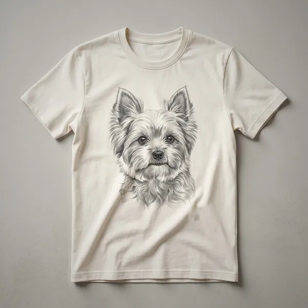 A white t-shirt featuring a vintage hand-drawn illustration of a Biewer Terrier's face in black and white.