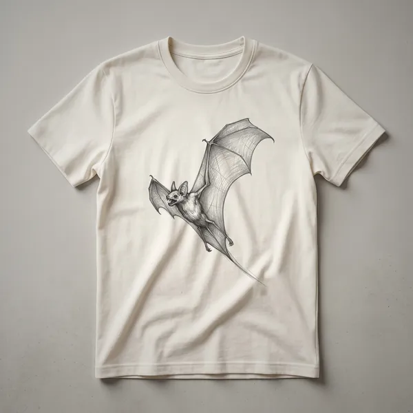 Black and white sketch of a bat in flight, detailed and rendered in a vintage style, featured on a graphic t-shirt.