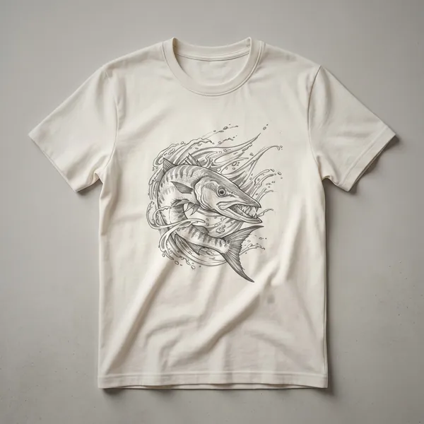 A vintage hand-drawn illustration of a barracuda fish is printed on the front of a dark-colored t-shirt, showcasing its sleek body and sharp features.