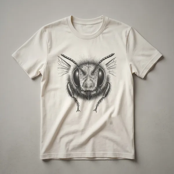 A vintage hand-drawn illustration of a bee's face is printed on the front of a black t-shirt.