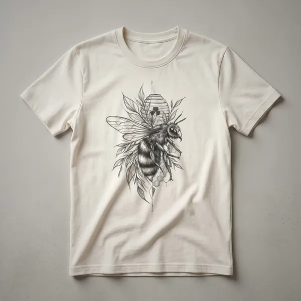 A black graphic t-shirt with a vintage hand-drawn illustration of a bee and honeycomb pattern in a cream or off-white color.