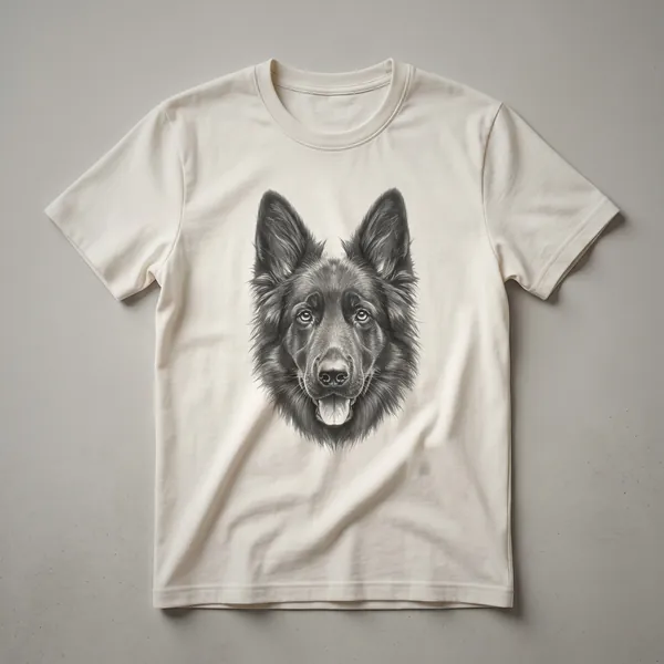 Black German Shepherd face hand-drawn art t-shirt design, showcasing a vintage sketch of the dog's head.