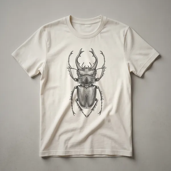 A black graphic t-shirt featuring a vintage, hand-drawn illustration of a beetle with detailed linework.
