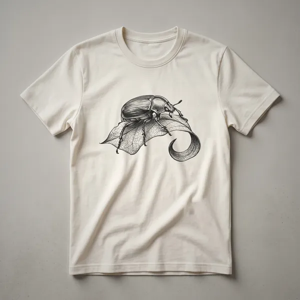 A black t-shirt with a vintage hand-drawn illustration of a brown beetle on a green leaf, centered on the chest.