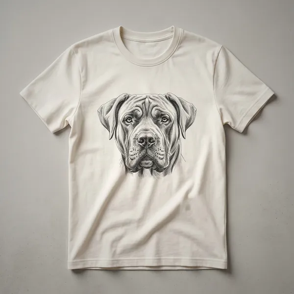 Black graphic t-shirt featuring a vintage, hand-drawn illustration of a Boerboel dog's face in a detailed sketch style.