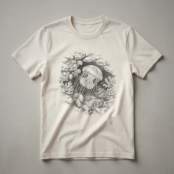 A vintage sketch of a box jellyfish with trailing tentacles, printed on a white t-shirt.