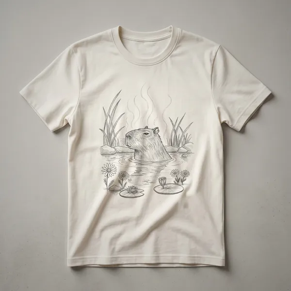 A vintage-style drawing of a capybara with delicate flowers on a black t-shirt, showcasing its gentle expression.